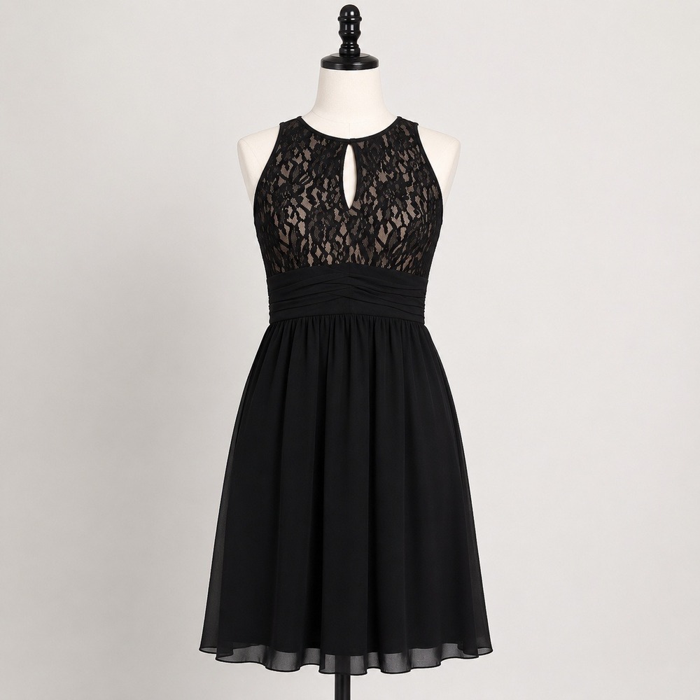 Jessica Howard Black Lace Fit & Flare Cocktail Dress Keyhole Chiffon Women's 8